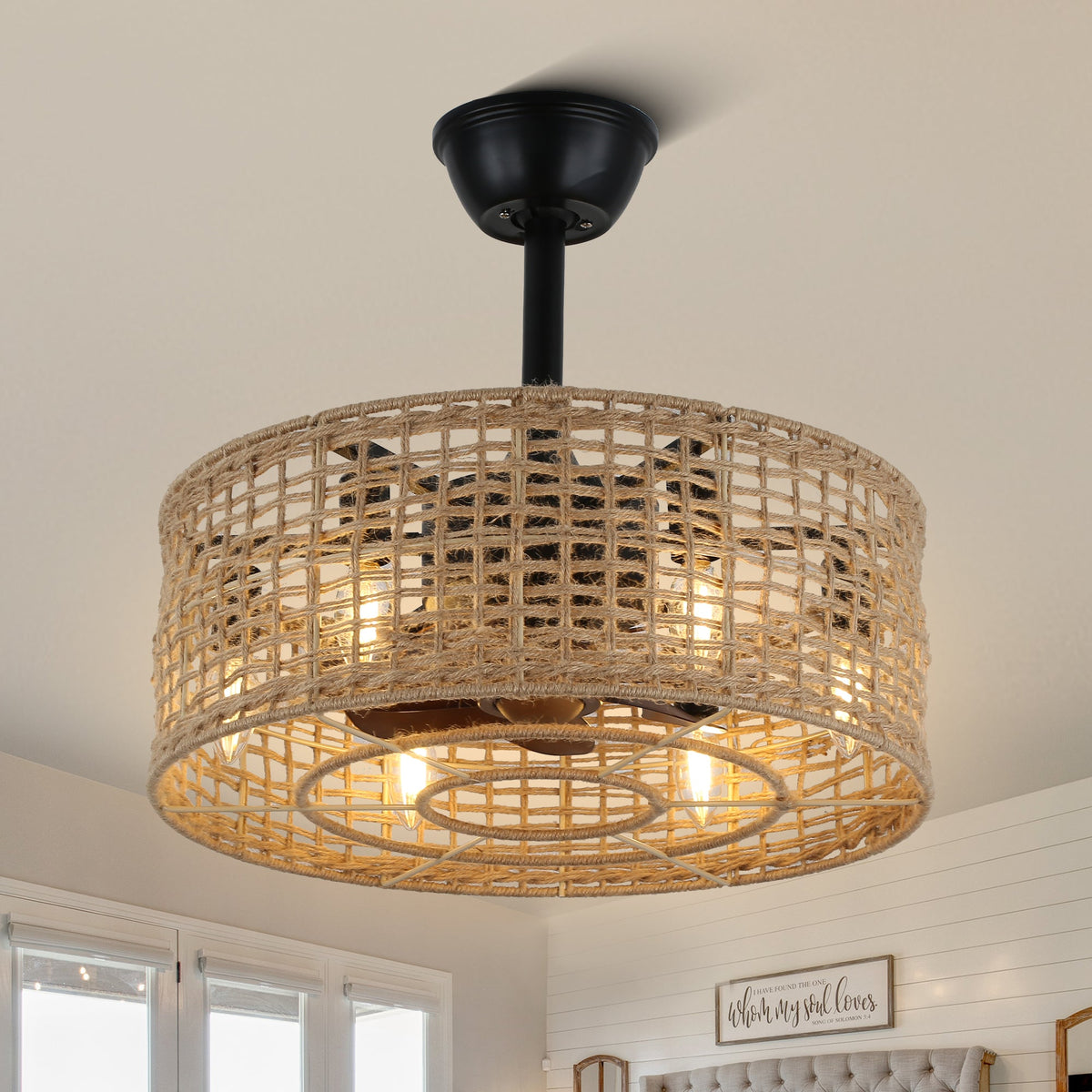 18 Inch Boho Rattan Bladeless Ceiling Fan with Lights and Remote, 3 Speeds Reversible Coastal Caged Fandelier Ceiling Fan