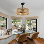 18 Inch Boho Rattan Bladeless Ceiling Fan with Lights and Remote, 3 Speeds Reversible Coastal Caged Fandelier Ceiling Fan