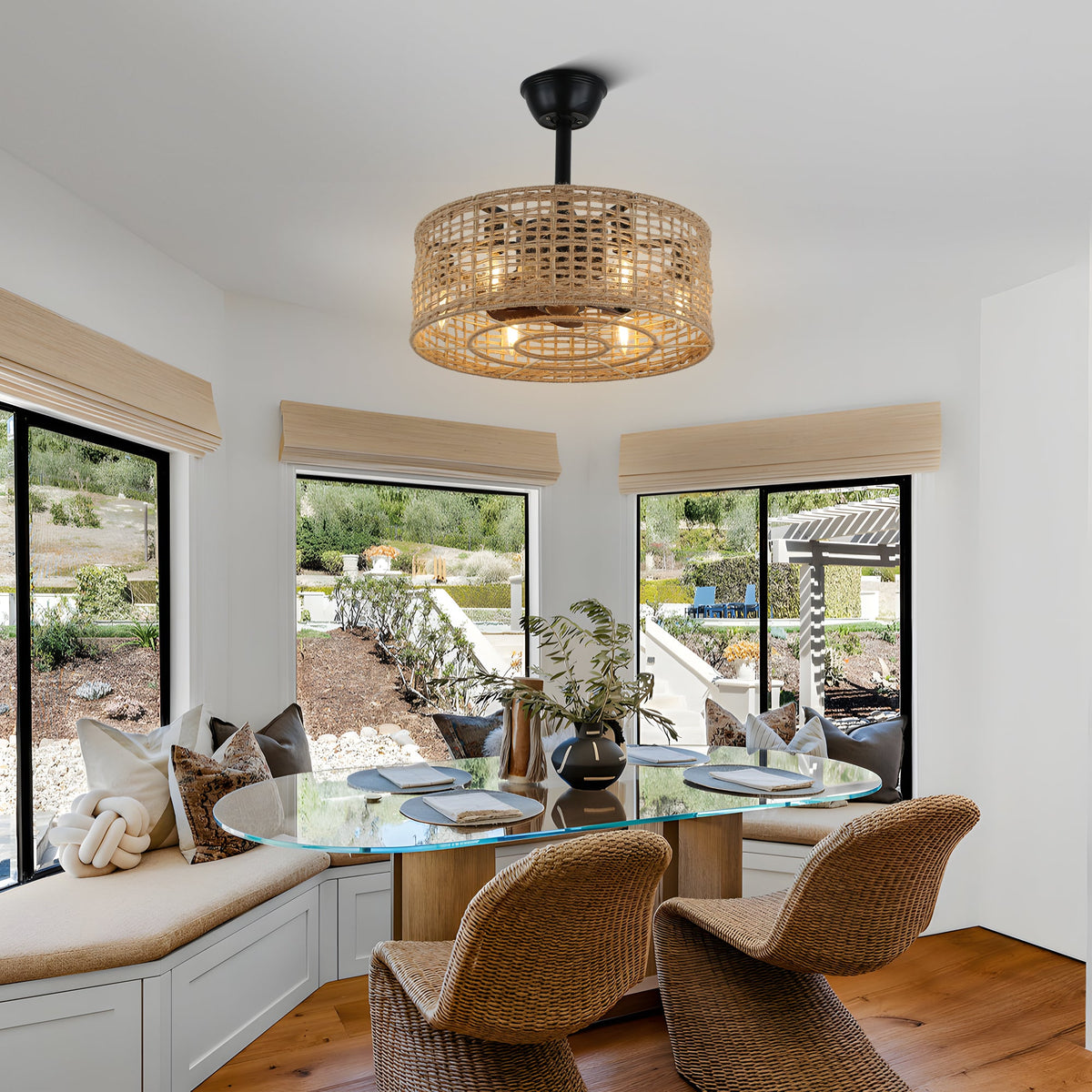 18 Inch Boho Rattan Bladeless Ceiling Fan with Lights and Remote, 3 Speeds Reversible Coastal Caged Fandelier Ceiling Fan