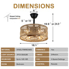 18 Inch Boho Rattan Bladeless Ceiling Fan with Lights and Remote, 3 Speeds Reversible Coastal Caged Fandelier Ceiling Fan