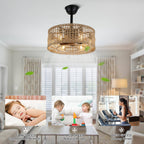 18 Inch Boho Rattan Bladeless Ceiling Fan with Lights and Remote, 3 Speeds Reversible Coastal Caged Fandelier Ceiling Fan