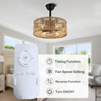 18 Inch Boho Rattan Bladeless Ceiling Fan with Lights and Remote, 3 Speeds Reversible Coastal Caged Fandelier Ceiling Fan