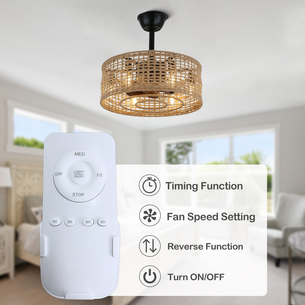 18 Inch Boho Rattan Bladeless Ceiling Fan with Lights and Remote, 3 Speeds Reversible Coastal Caged Fandelier Ceiling Fan