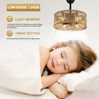 18 Inch Boho Rattan Bladeless Ceiling Fan with Lights and Remote, 3 Speeds Reversible Coastal Caged Fandelier Ceiling Fan