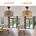 18 Inch Boho Rattan Bladeless Ceiling Fan with Lights and Remote, 3 Speeds Reversible Coastal Caged Fandelier Ceiling Fan