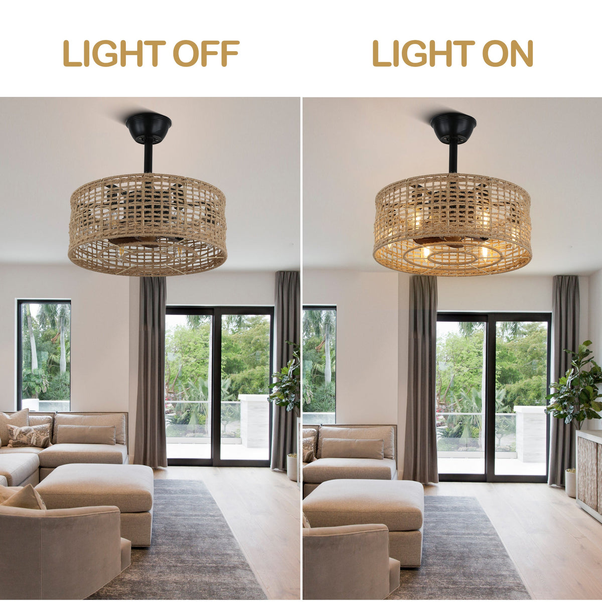 18 Inch Boho Rattan Bladeless Ceiling Fan with Lights and Remote, 3 Speeds Reversible Coastal Caged Fandelier Ceiling Fan