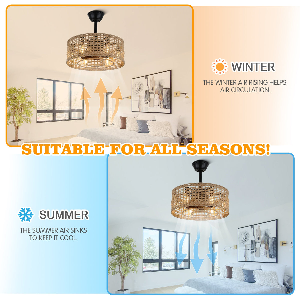 18 Inch Boho Rattan Bladeless Ceiling Fan with Lights and Remote, 3 Speeds Reversible Coastal Caged Fandelier Ceiling Fan