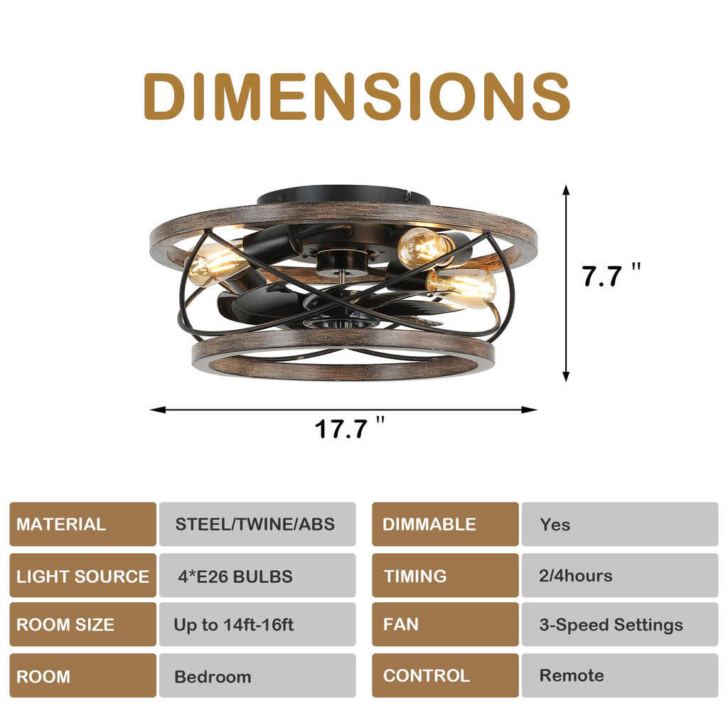 18 Inch Farmhouse Bladeless Flush Mount Ceiling Fan with Lights and Remote, 3 Speeds Reversible Low Profile Ceiling Fan