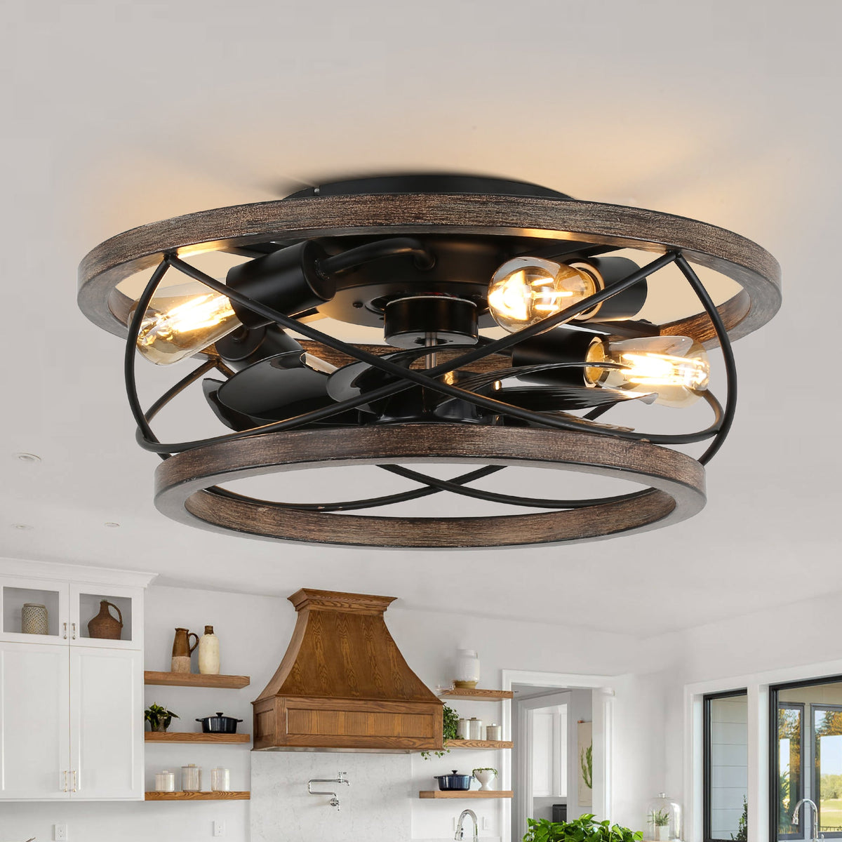 18 Inch Farmhouse Bladeless Flush Mount Ceiling Fan with Lights and Remote, 3 Speeds Reversible Low Profile Ceiling Fan