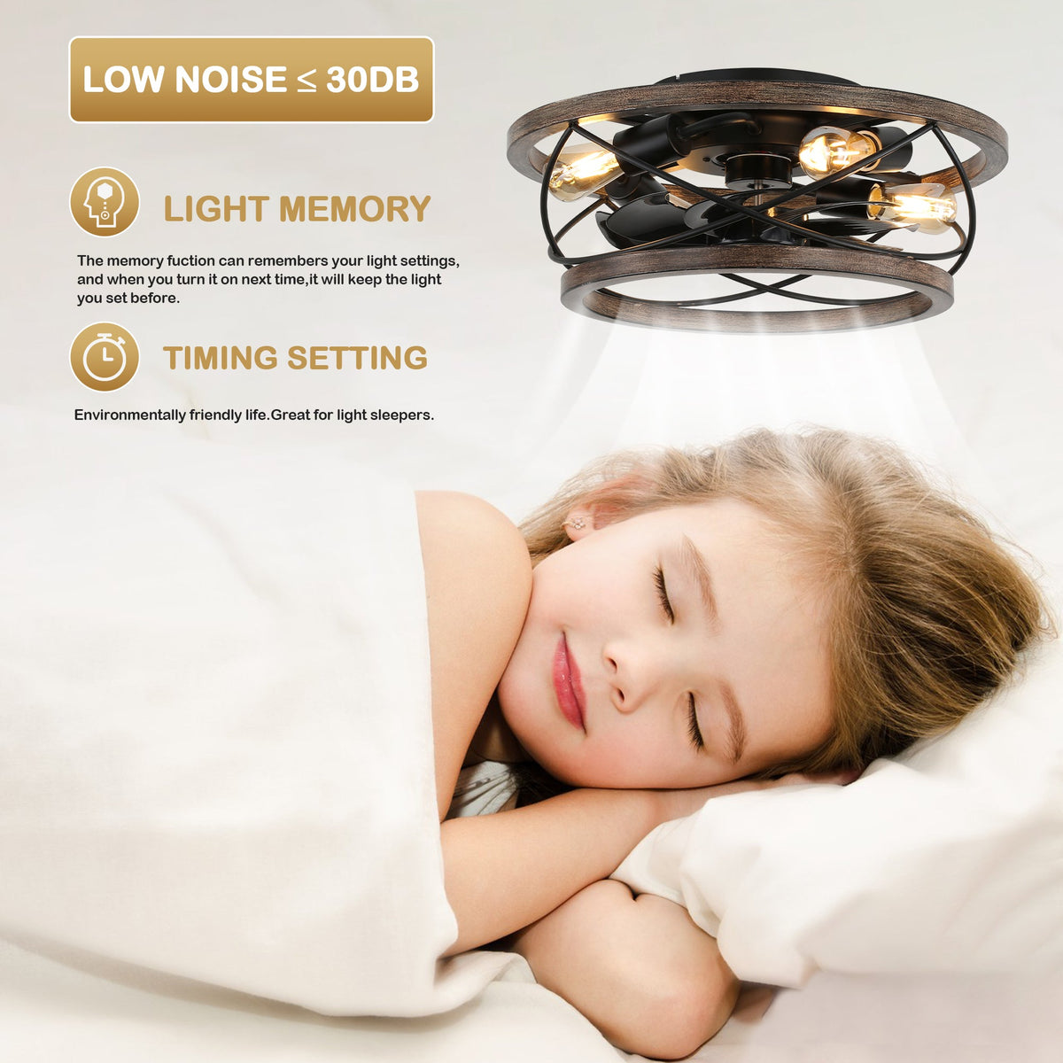 18 Inch Farmhouse Bladeless Flush Mount Ceiling Fan with Lights and Remote, 3 Speeds Reversible Low Profile Ceiling Fan
