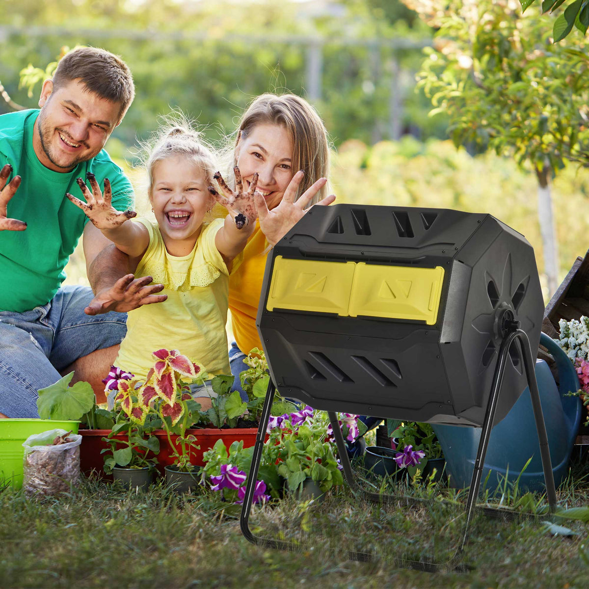 Tumbling Compost Bin Outdoor 360 Degrees Dual Chamber Rotating Composter 43 Gallon, Yellow