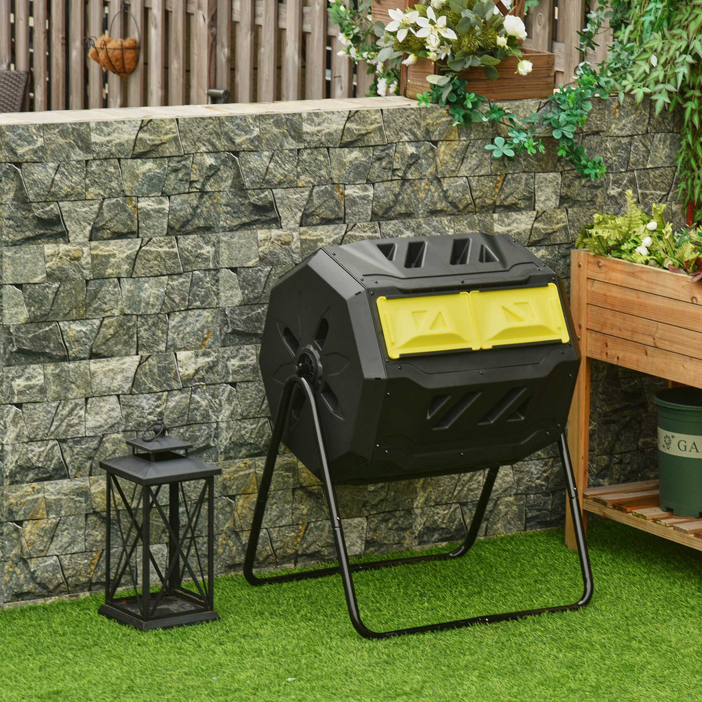 Tumbling Compost Bin Outdoor 360 Degrees Dual Chamber Rotating Composter 43 Gallon, Yellow