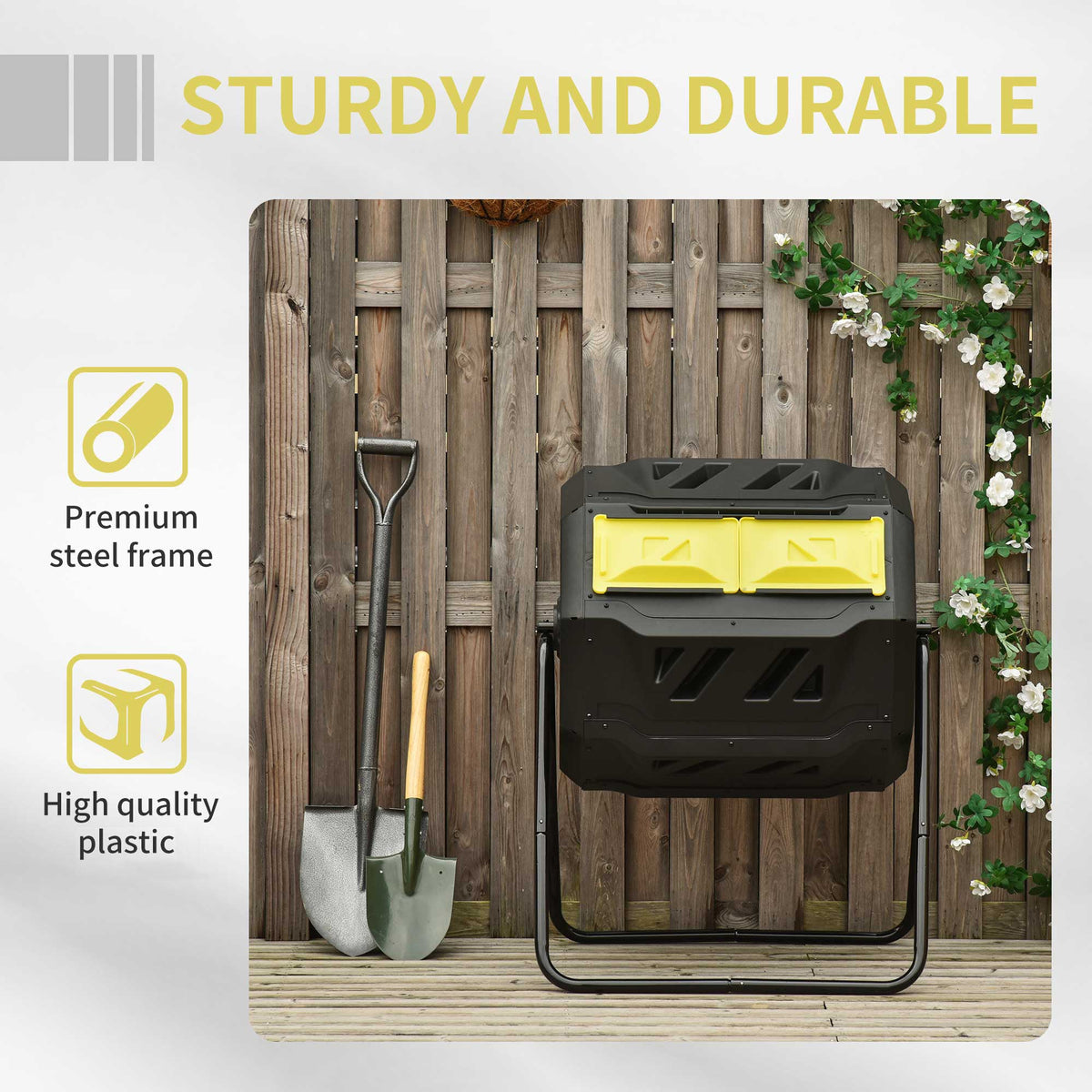 Tumbling Compost Bin Outdoor 360 Degrees Dual Chamber Rotating Composter 43 Gallon, Yellow