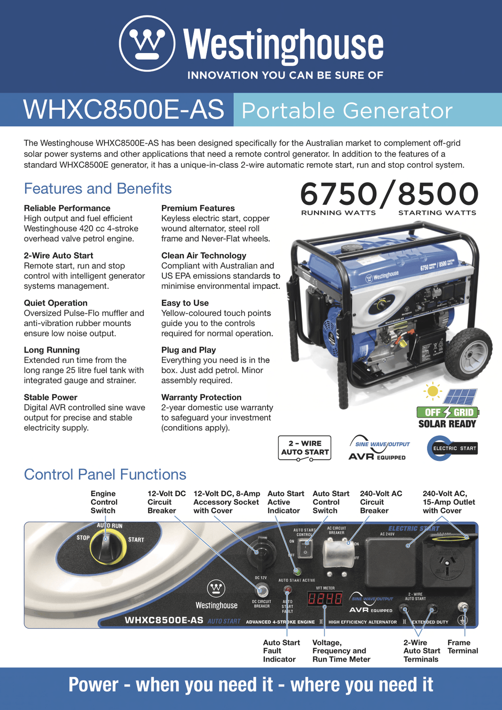 Westinghouse 8500E Generator 10.6KVA Two Wire Auto Start NEW