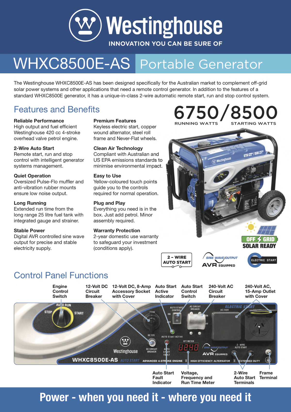 Westinghouse 8500E Generator 10.6KVA Two Wire Auto Start NEW