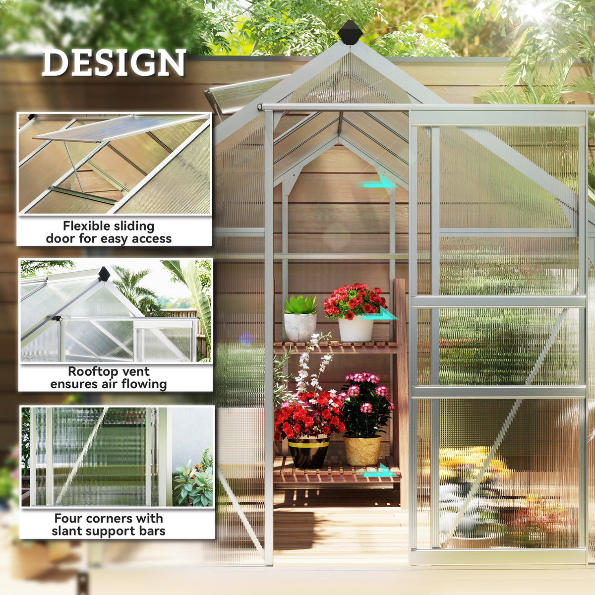 BloomGreen 6' x 8' x 6.6' Polycarbonate Greenhouse with Aluminum Frame, Silver