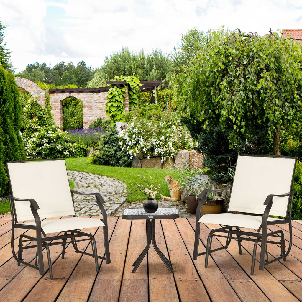 3 Piece Outdoor Glider Chair with Coffee Table Bistro Set, Cream White