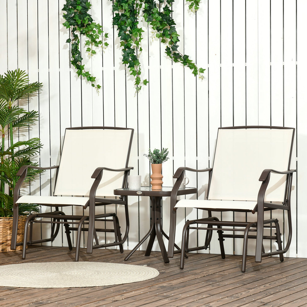 3 Piece Outdoor Glider Chair with Coffee Table Bistro Set, Cream White