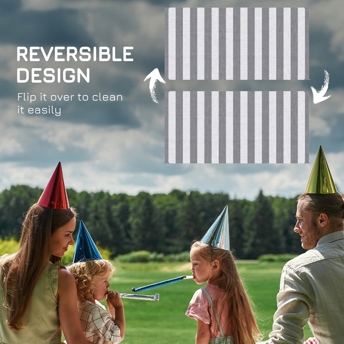 9' x 18' Reversible Outdoor RV Rug with Carry Bag for Backyard, Striped, Grey & White
