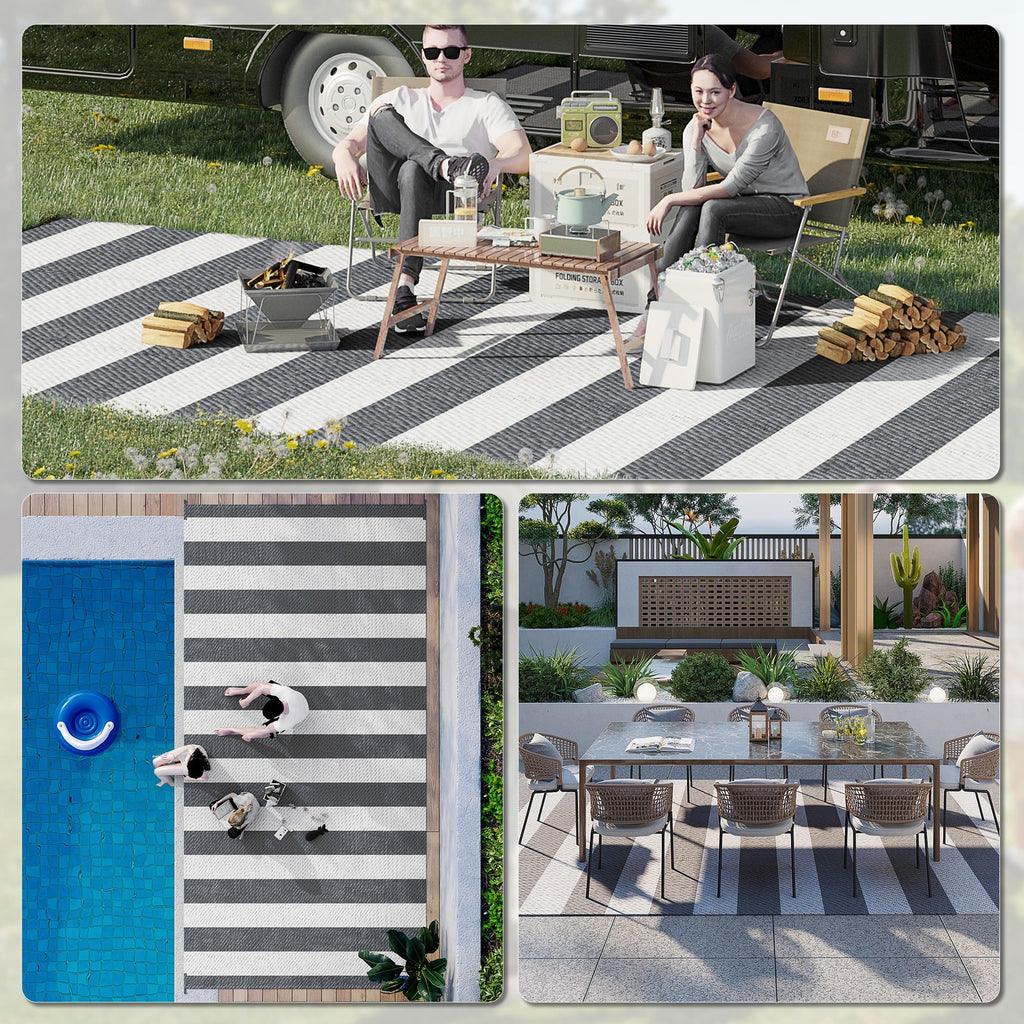 9' x 18' Reversible Outdoor RV Rug with Carry Bag for Backyard, Striped, Grey & White