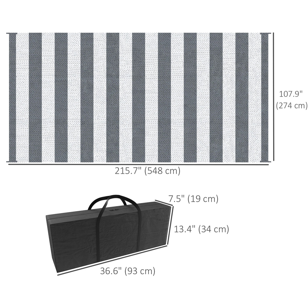 9' x 18' Reversible Outdoor RV Rug with Carry Bag for Backyard, Striped, Grey & White