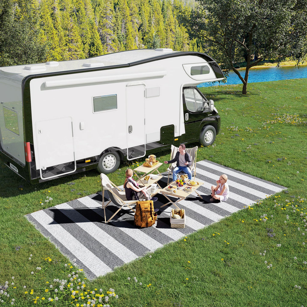 9' x 18' Reversible Outdoor RV Rug with Carry Bag for Backyard, Striped, Grey & White