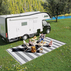 9' x 18' Reversible Outdoor RV Rug with Carry Bag for Backyard, Striped, Grey & White