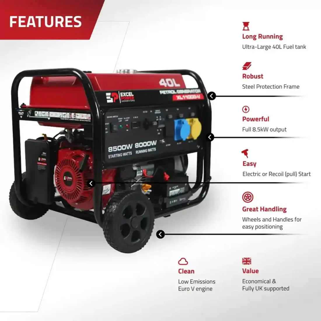 Excel Power XL11000V 8kW Open-Framed Petrol Generator