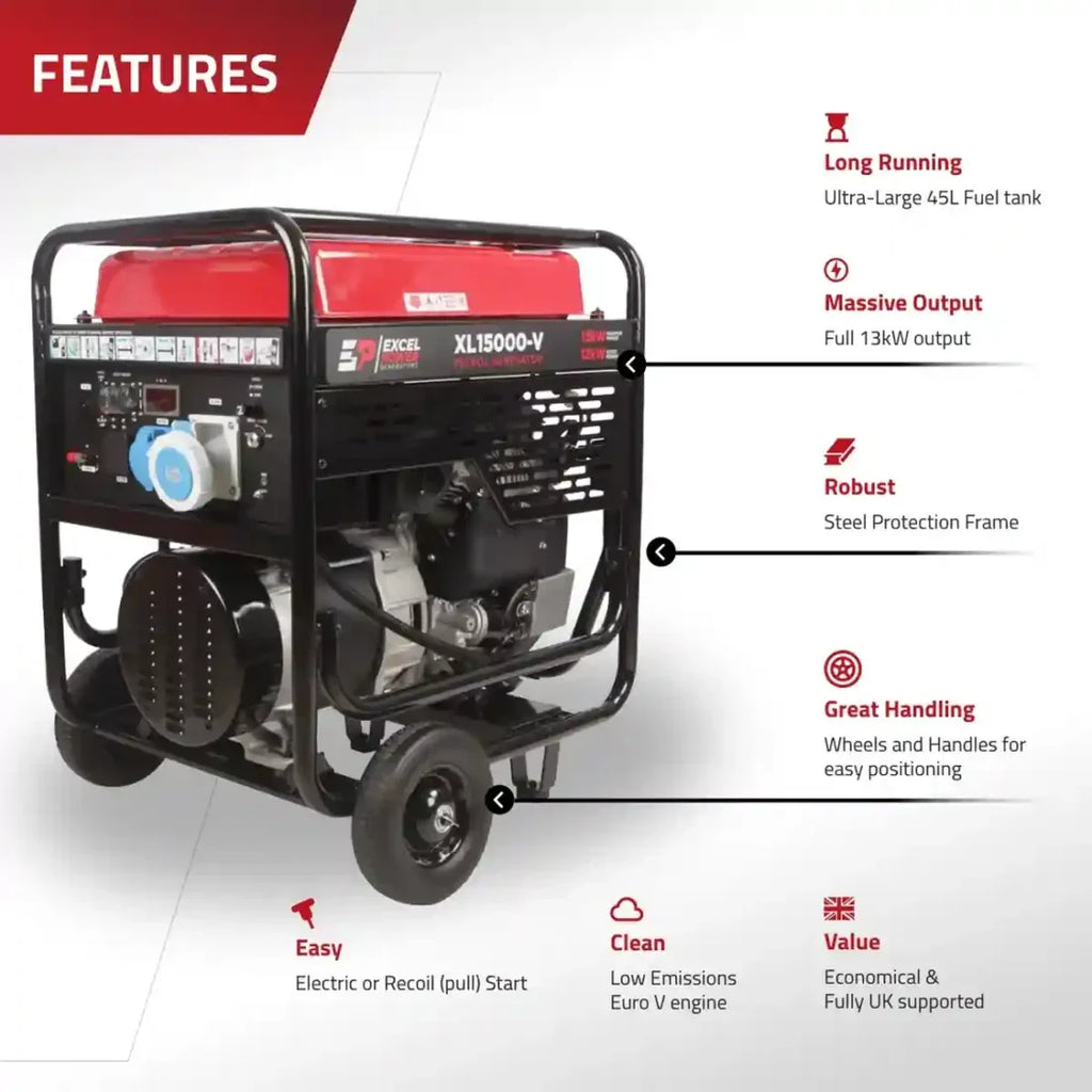 Excel Power XL15000V 13kW Open‑Framed Petrol Generator