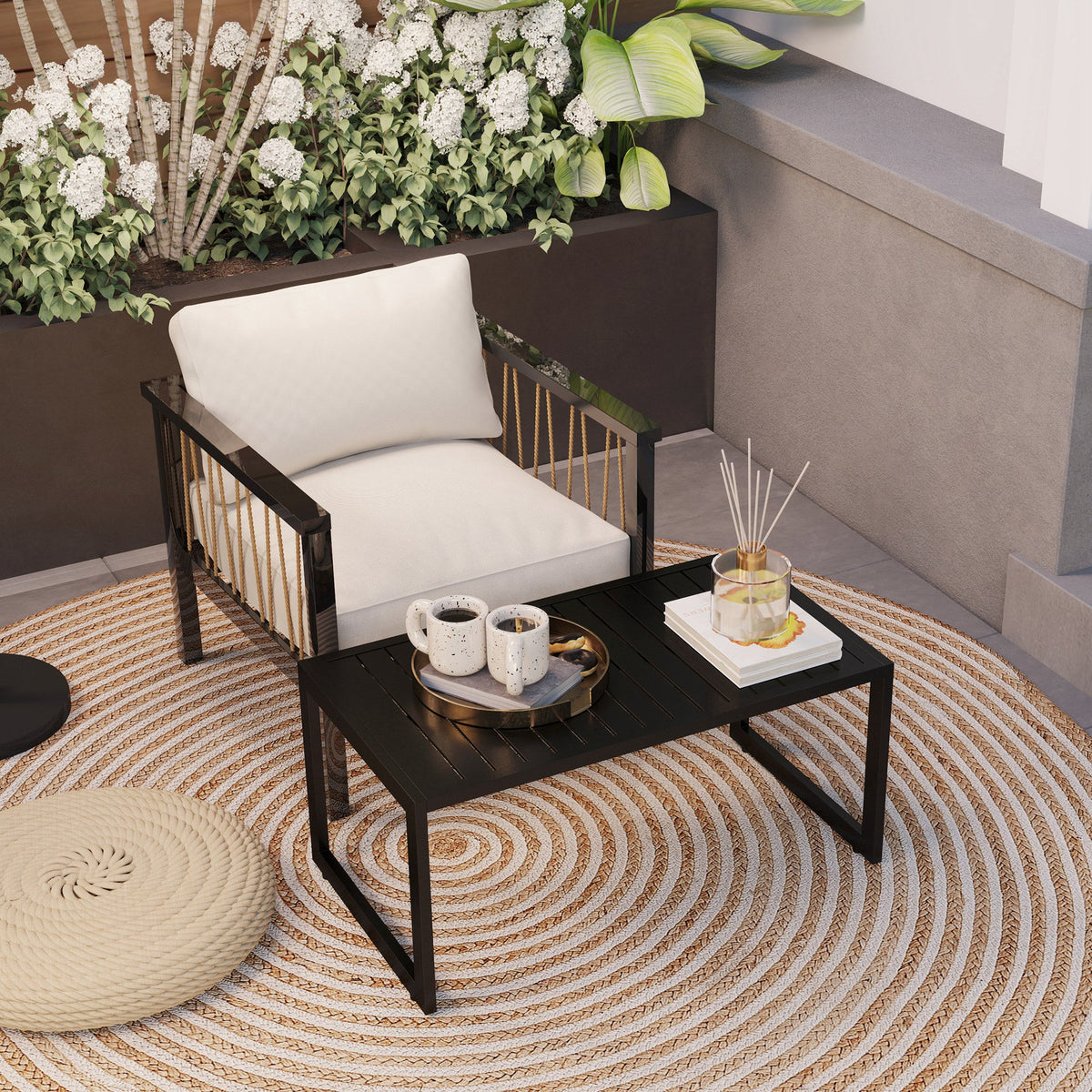 Outdoor Patio Coffee Table with Slatted Tabletop & Adjustable Foot Pads, Black