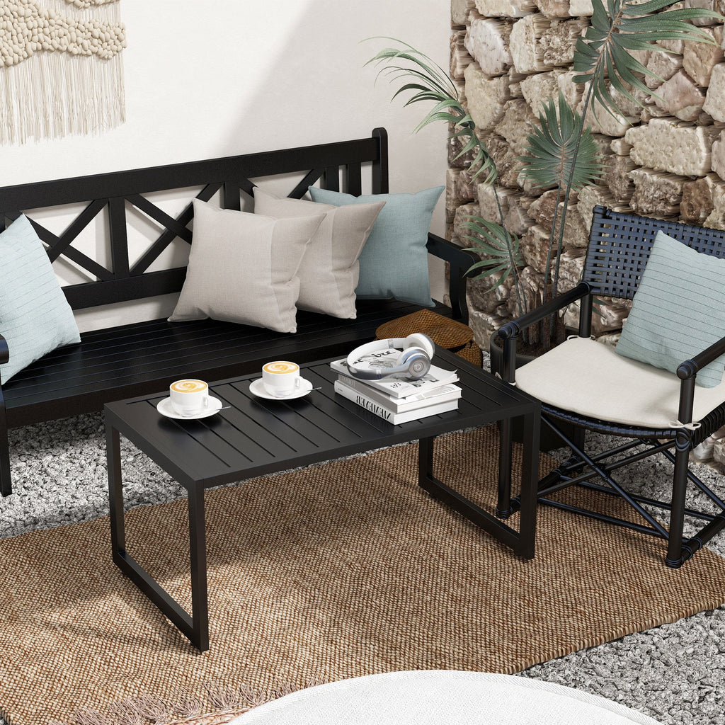 Outdoor Patio Coffee Table with Slatted Tabletop & Adjustable Foot Pads, Black