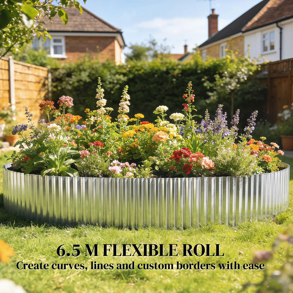 Outsunny Metal Garden Edging Border, 8 in x 21.3 ft Corrugated Heavy Duty Galvanised Steel Lawn Edging, Silver Tone