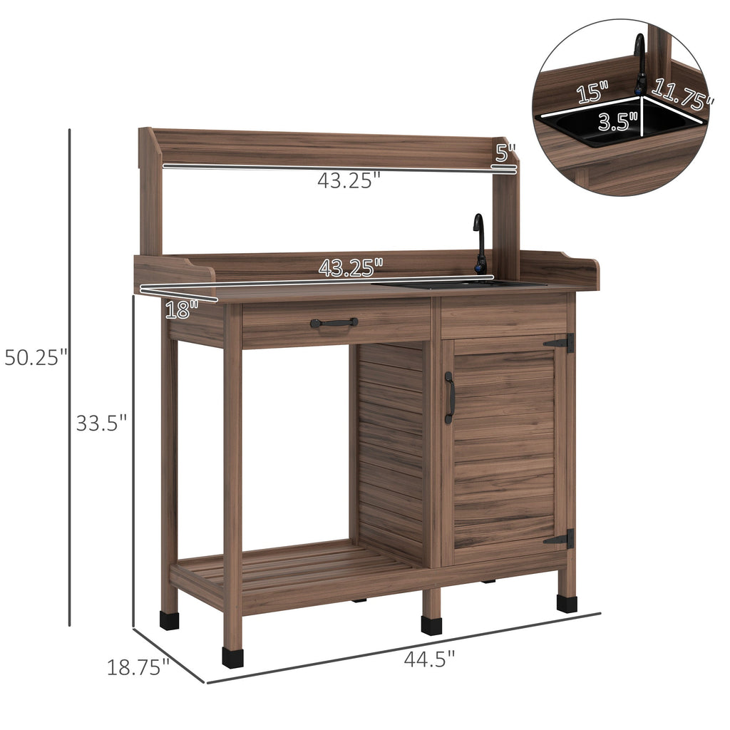 Garden Potting Table with Storage Cabinet, Removable Sink, Faucet and Drawer, Dark Brown