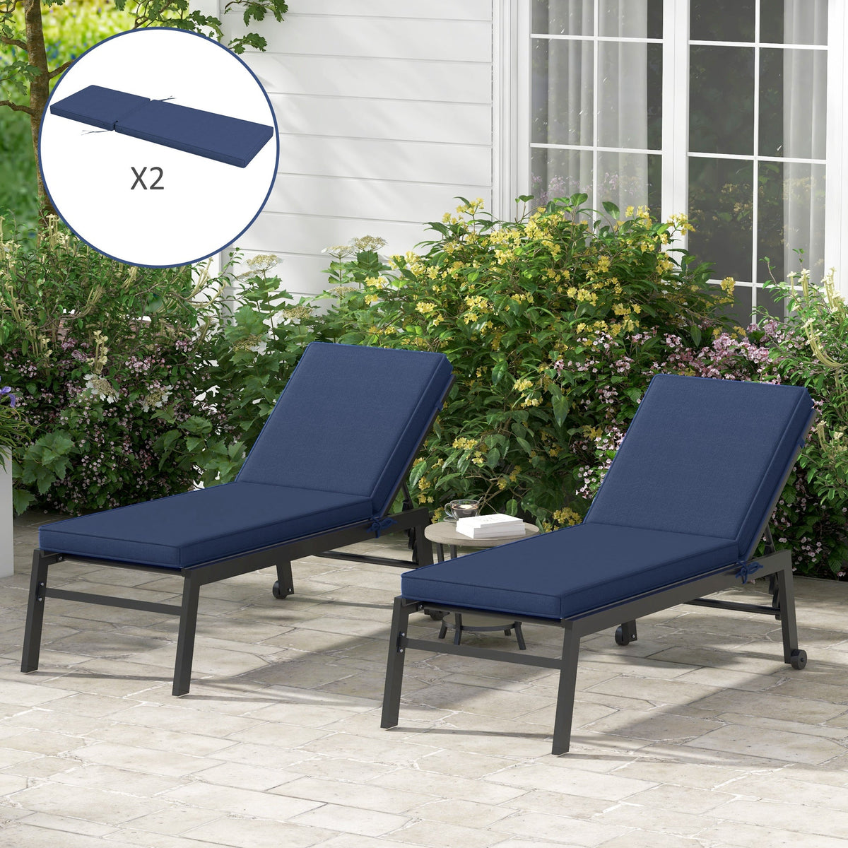 2-Pack Patio Chair Cushions with Backrests for Outdoor Lounge, Navy Blue