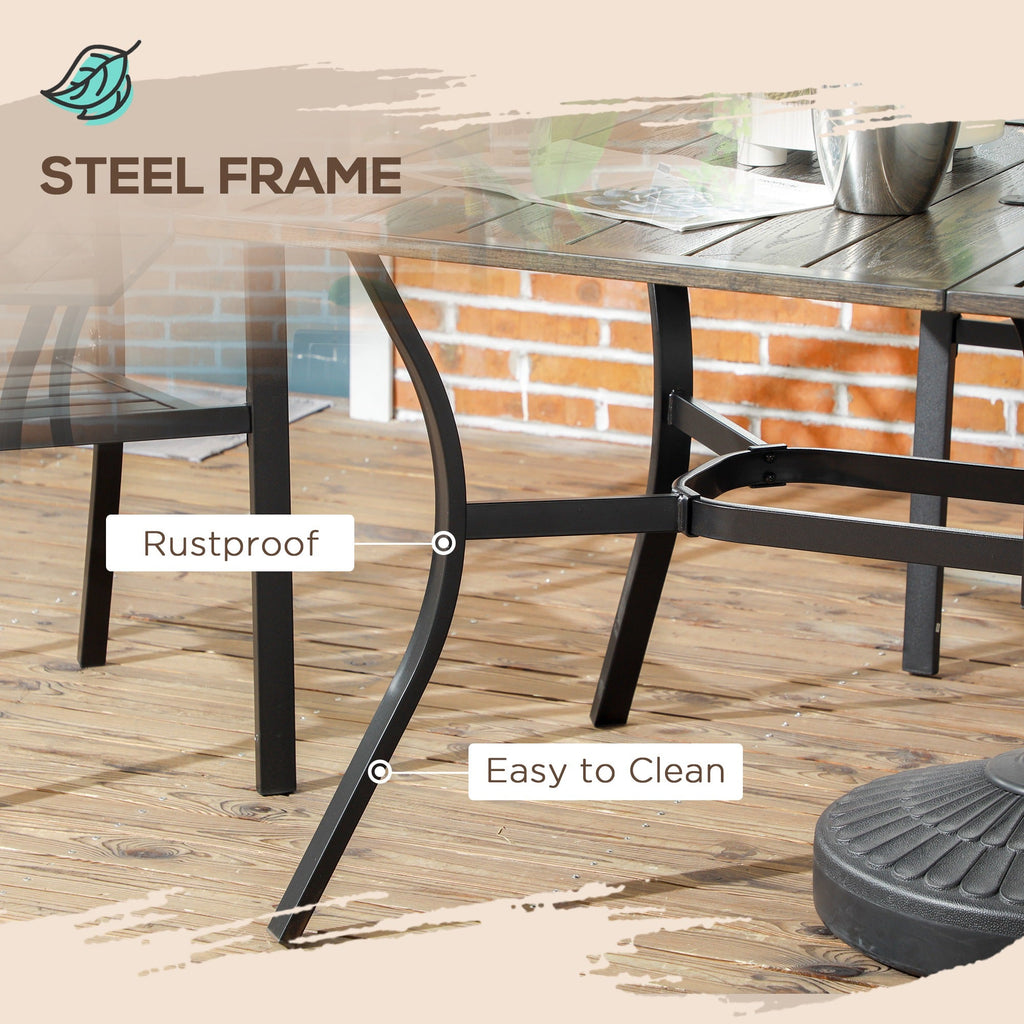 59" Outdoor Dining Table for 6 with Parasol Hole, Steel Frame & Wood Grain Tabletop, Brown