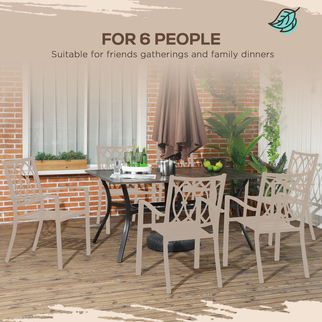 59" Outdoor Dining Table for 6 with Parasol Hole, Steel Frame & Wood Grain Tabletop, Brown