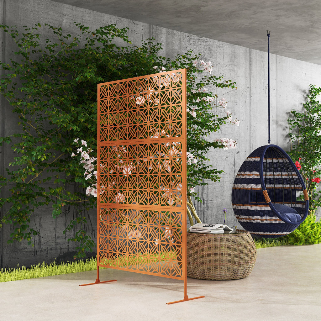 78" x 48" Metal Freestanding Outdoor Divider with Striped Hollow Design for Garden, Brown