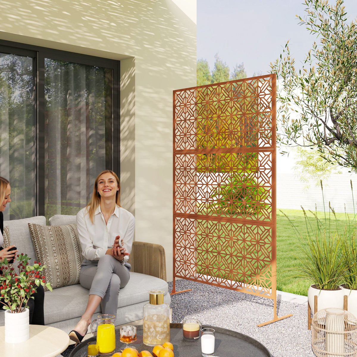 78" x 48" Metal Freestanding Outdoor Divider with Striped Hollow Design for Garden, Brown