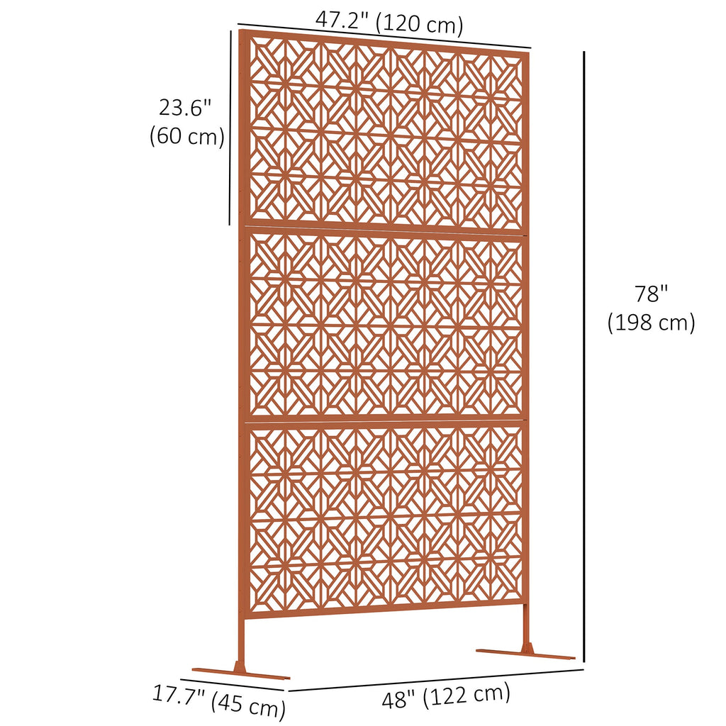 78" x 48" Metal Freestanding Outdoor Divider with Striped Hollow Design for Garden, Brown