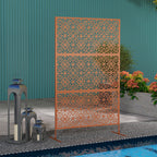 78" x 48" Metal Freestanding Outdoor Divider with Striped Hollow Design for Garden, Brown