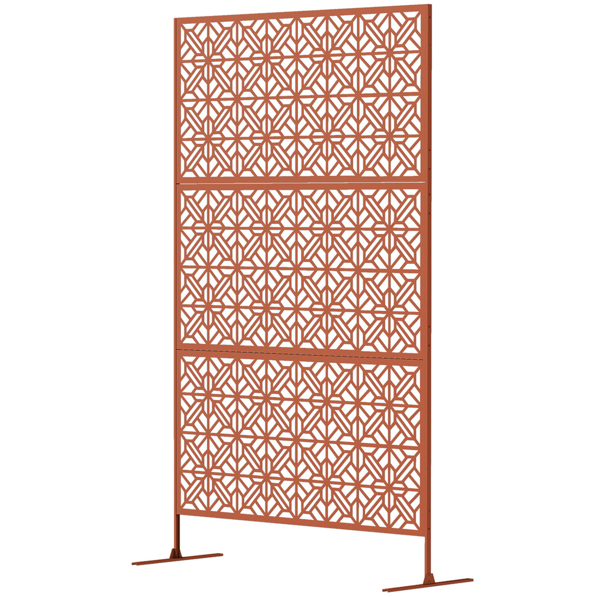 78" x 48" Metal Freestanding Outdoor Divider with Striped Hollow Design for Garden, Brown