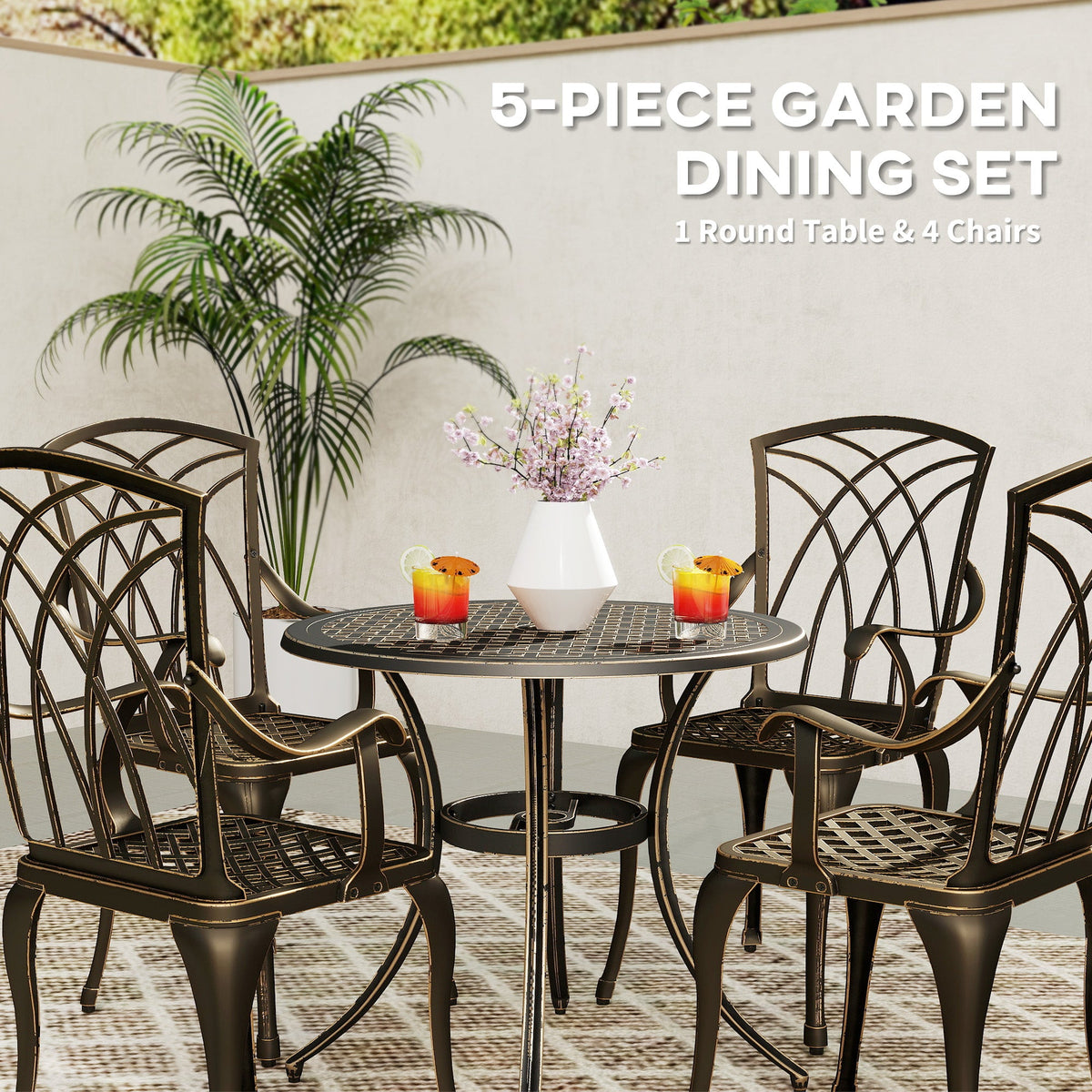 5 Piece Cast Aluminium Garden Dining Set with Parasol Hole, Bronze Tone