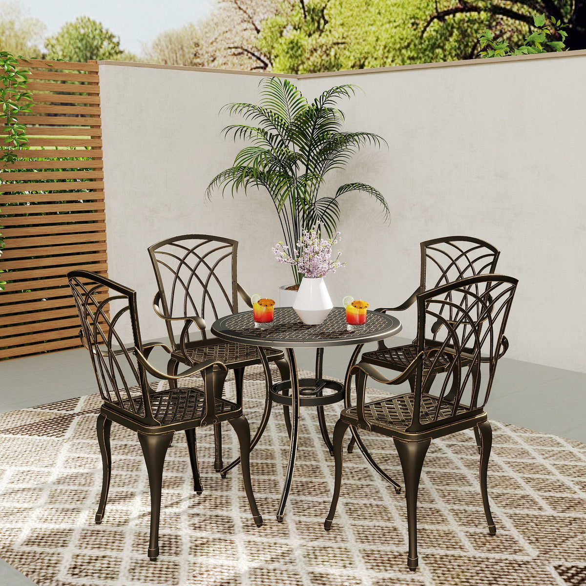 5 Piece Cast Aluminium Garden Dining Set with Parasol Hole, Bronze Tone
