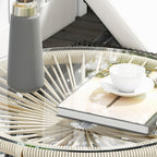 Round Rattan Side Table with Tempered Glass Top, Cream White