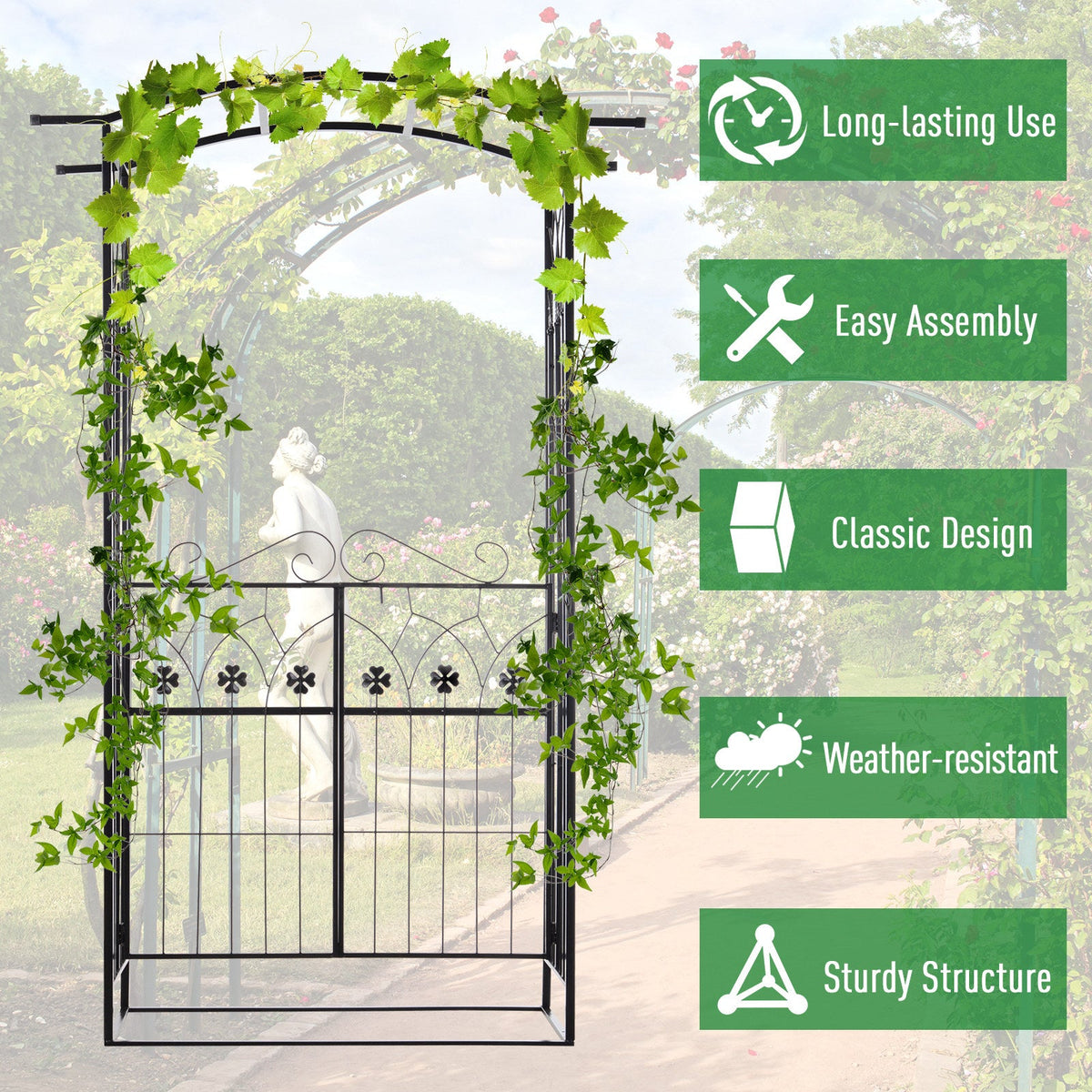 7ft Metal Outdoor Trellis, Arbor Backdrop Stand with Lucky Leaf Clover Doors, Black