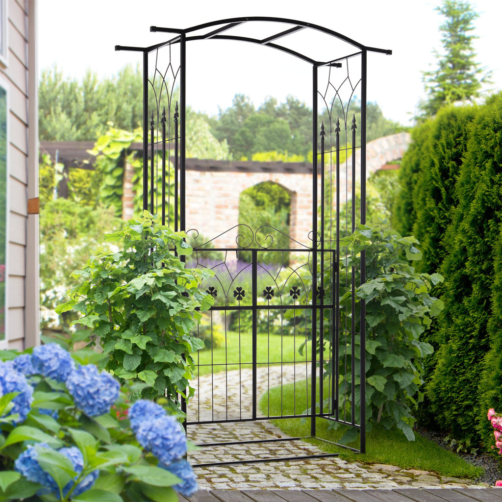 7ft Metal Outdoor Trellis, Arbor Backdrop Stand with Lucky Leaf Clover Doors, Black