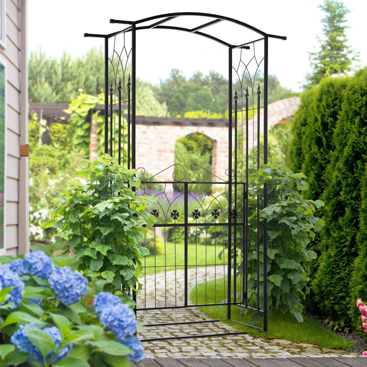 7ft Metal Outdoor Trellis, Arbor Backdrop Stand with Lucky Leaf Clover Doors, Black