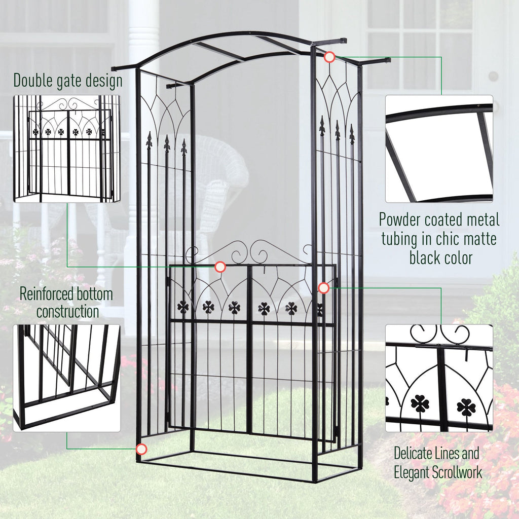 7ft Metal Outdoor Trellis, Arbor Backdrop Stand with Lucky Leaf Clover Doors, Black