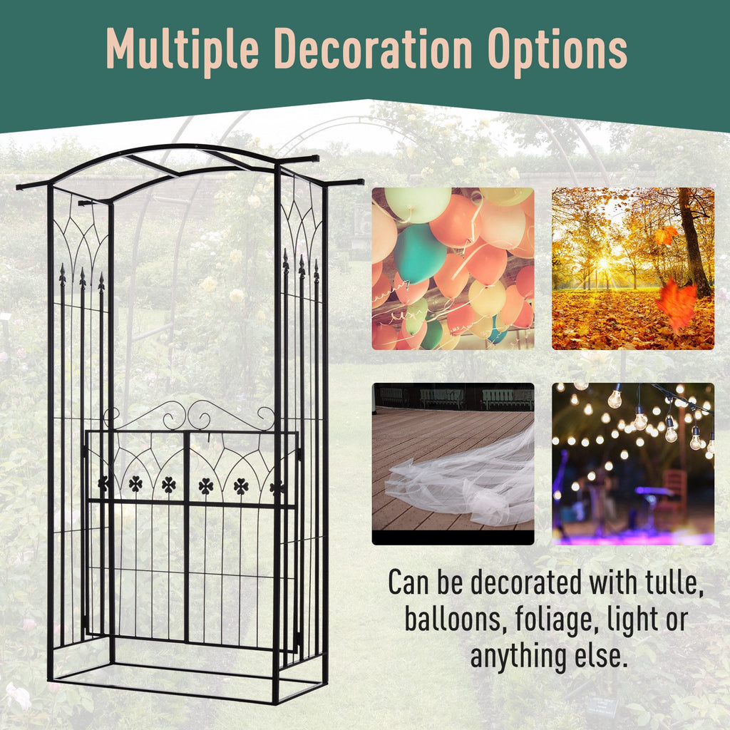 7ft Metal Outdoor Trellis, Arbor Backdrop Stand with Lucky Leaf Clover Doors, Black