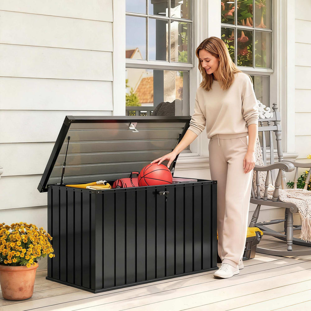 400L Metal Garden Storage Box with Lockable Lid, 124 x 66 x 72 cm, Black